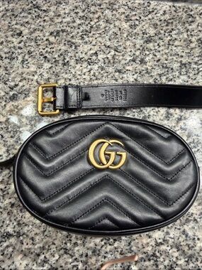 Gucci Black Quilted Heart Oval Leather Belt Bag with Gold Buckle